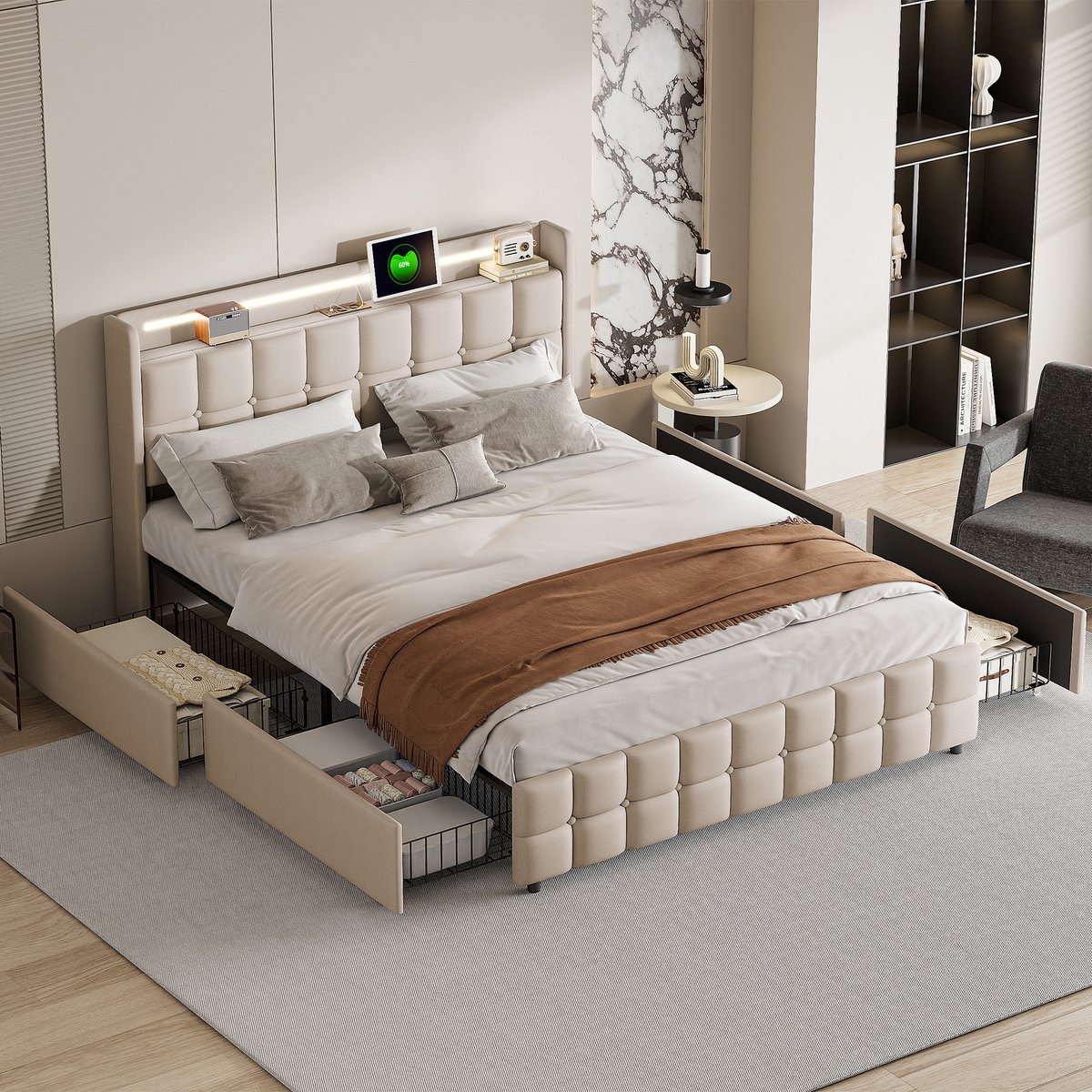 Tweepersoonsbed volwassen bed 140x190 cm, opbergbed met 4 lades en usb aansluiting, led hoofdbord, gestoffeerd linnen bed beige, zonder matras