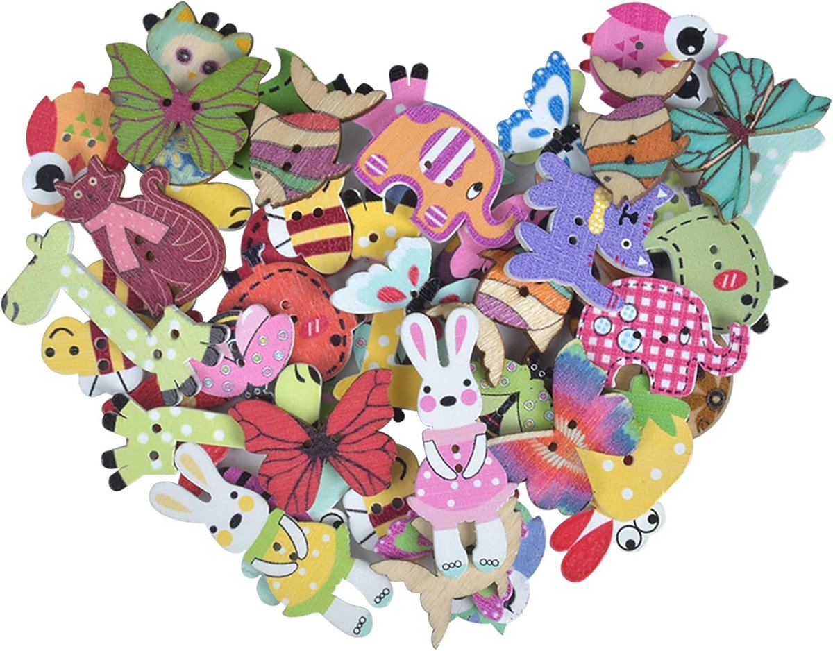 50 Pieces Wooden Animal Button, Different Animal Styles Painted Colors 2 Holes Sewing Buttons, Multicolored Mixed - ShopVlot