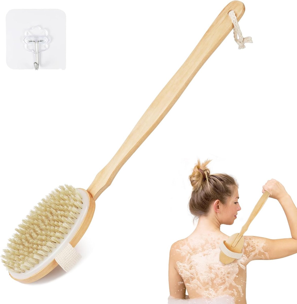 SnelShoppen - Doucheborstel met Lange Houten Handgreep, Exfoliërende Lichaamsborstel, Verwijderbare Doucheborstel voor Nat en Droog Gebruik, Natuurlij