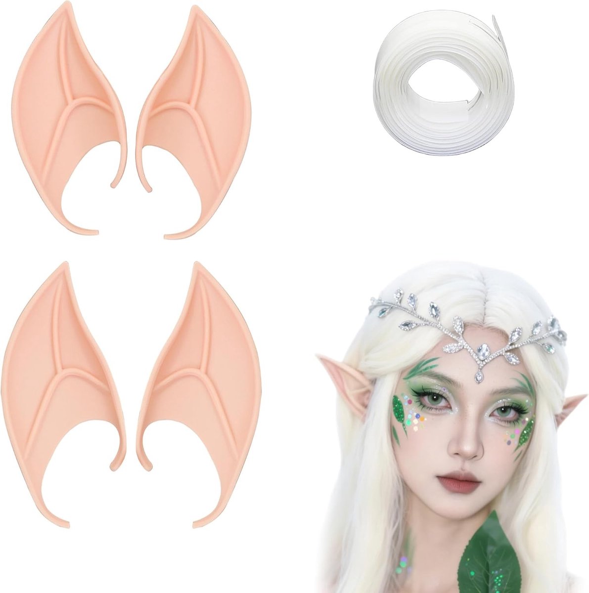 Zachte en lichte latex elfenoortjes met fairy lace voor rollenspellen, Halloween, kerst en themafeesten