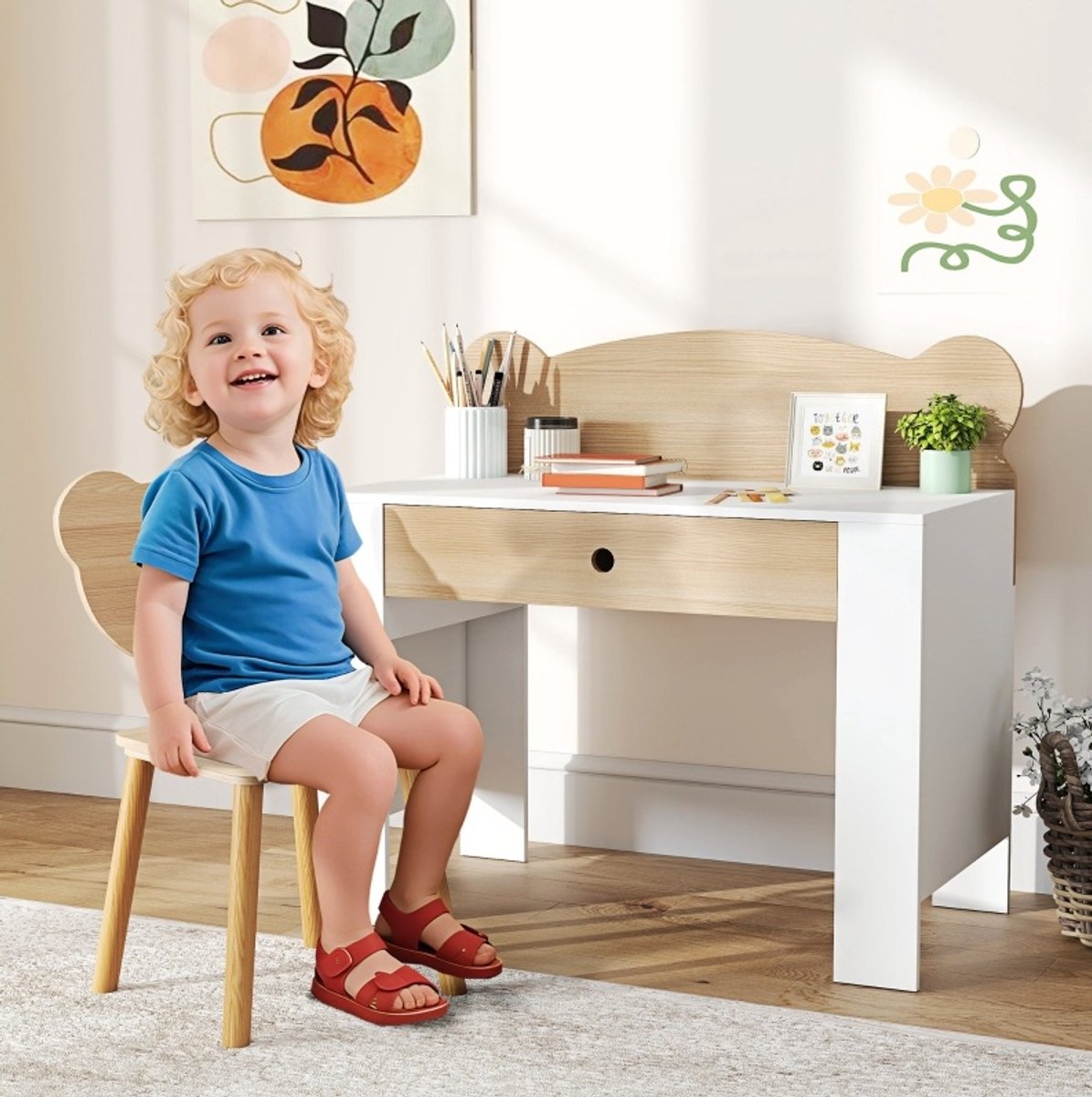 COVREO Kinderschreibtisch set 80 x 41 x 74,5 cm, naturel hout wit, met lade