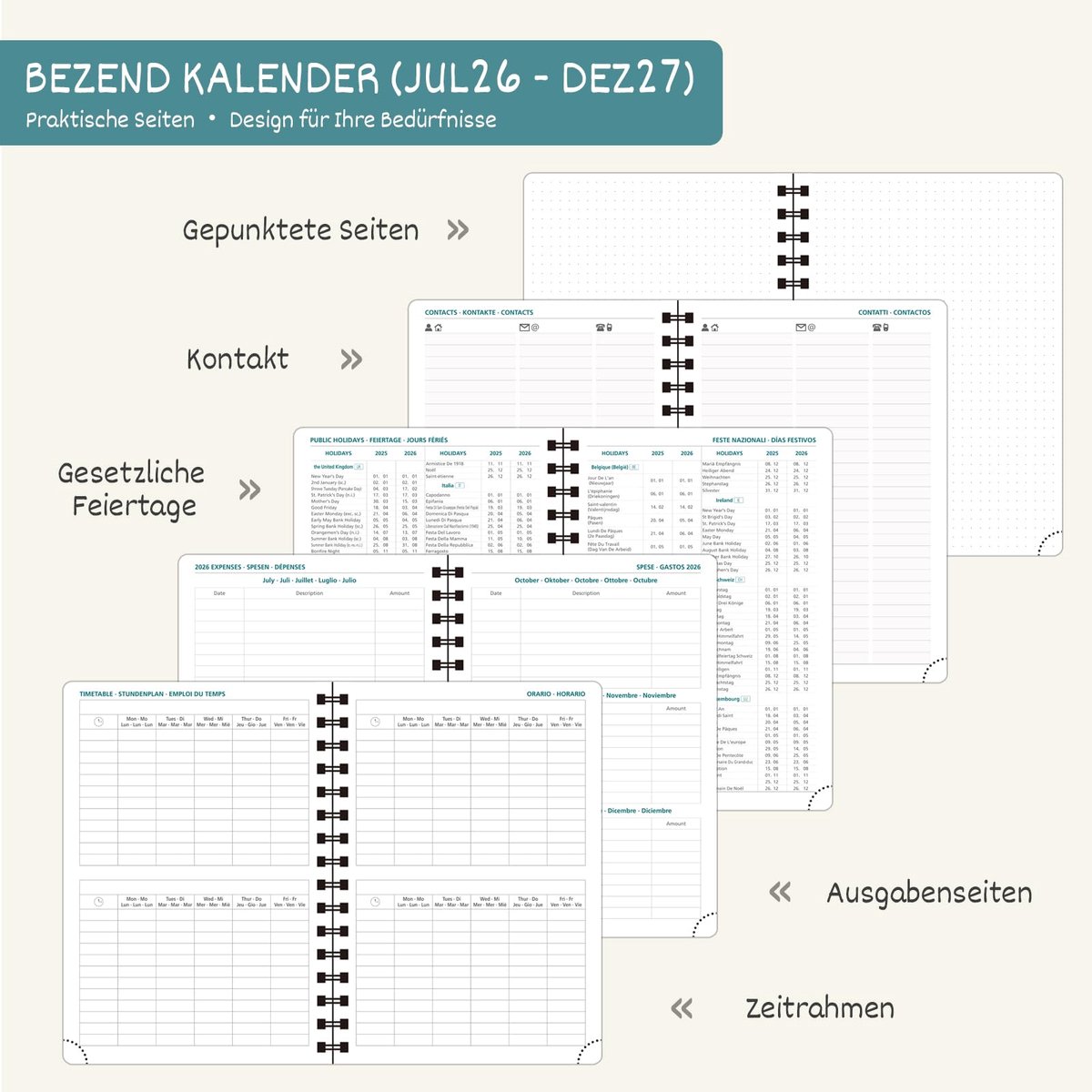 SnelShoppen - BEZEND Kalender 2026 2027 Weekplanner A4 28 x 22 cm, 18-maand Pocket Kalender Juli 2026 - December 2027, PU Lederen Softcover Boek met P