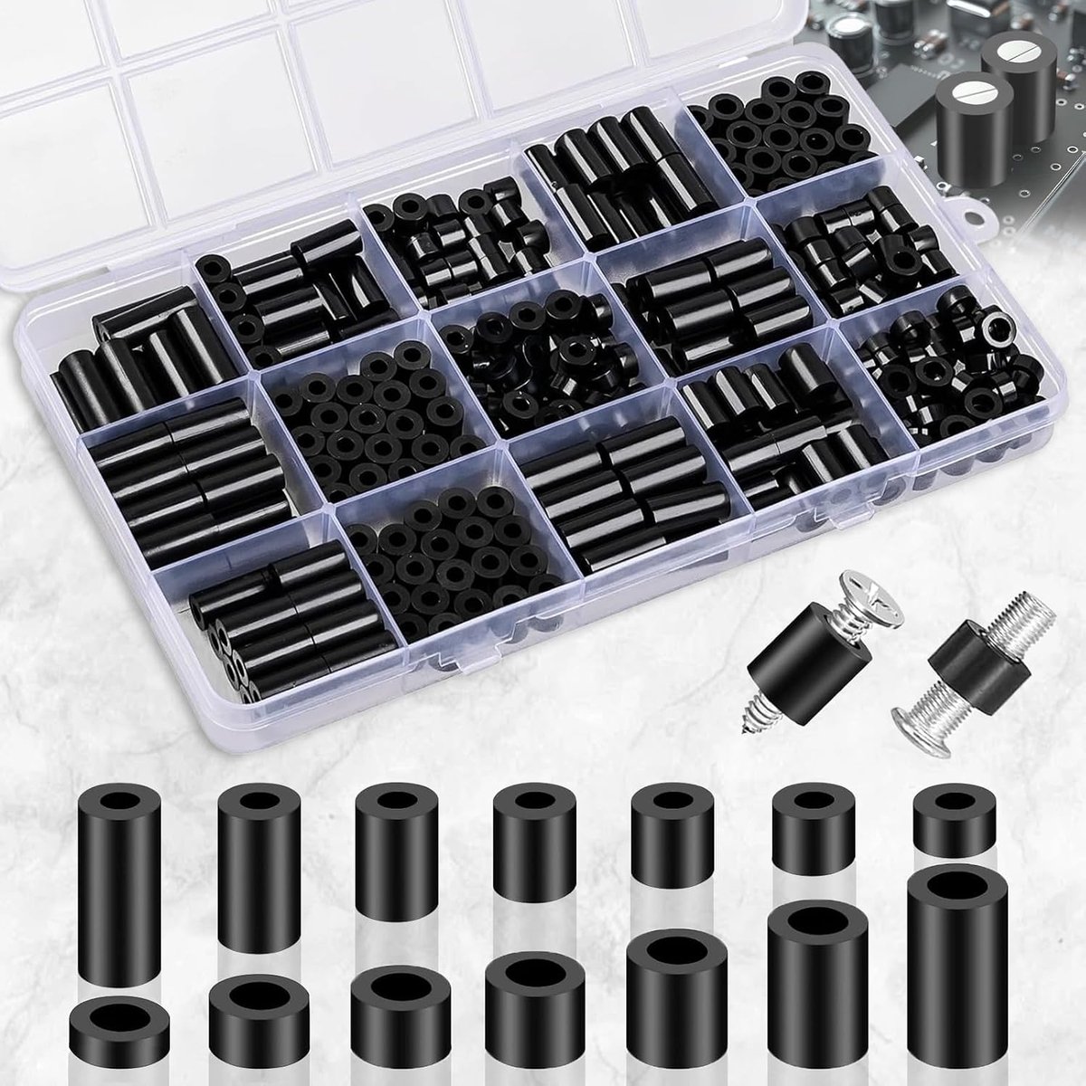 90 Pcs ABS ABS Safers Plastic Round Black Spacer Sleeves M6 M8, Nylon Spacer Wall & Screws, Non-threaded Column - ShopVlot