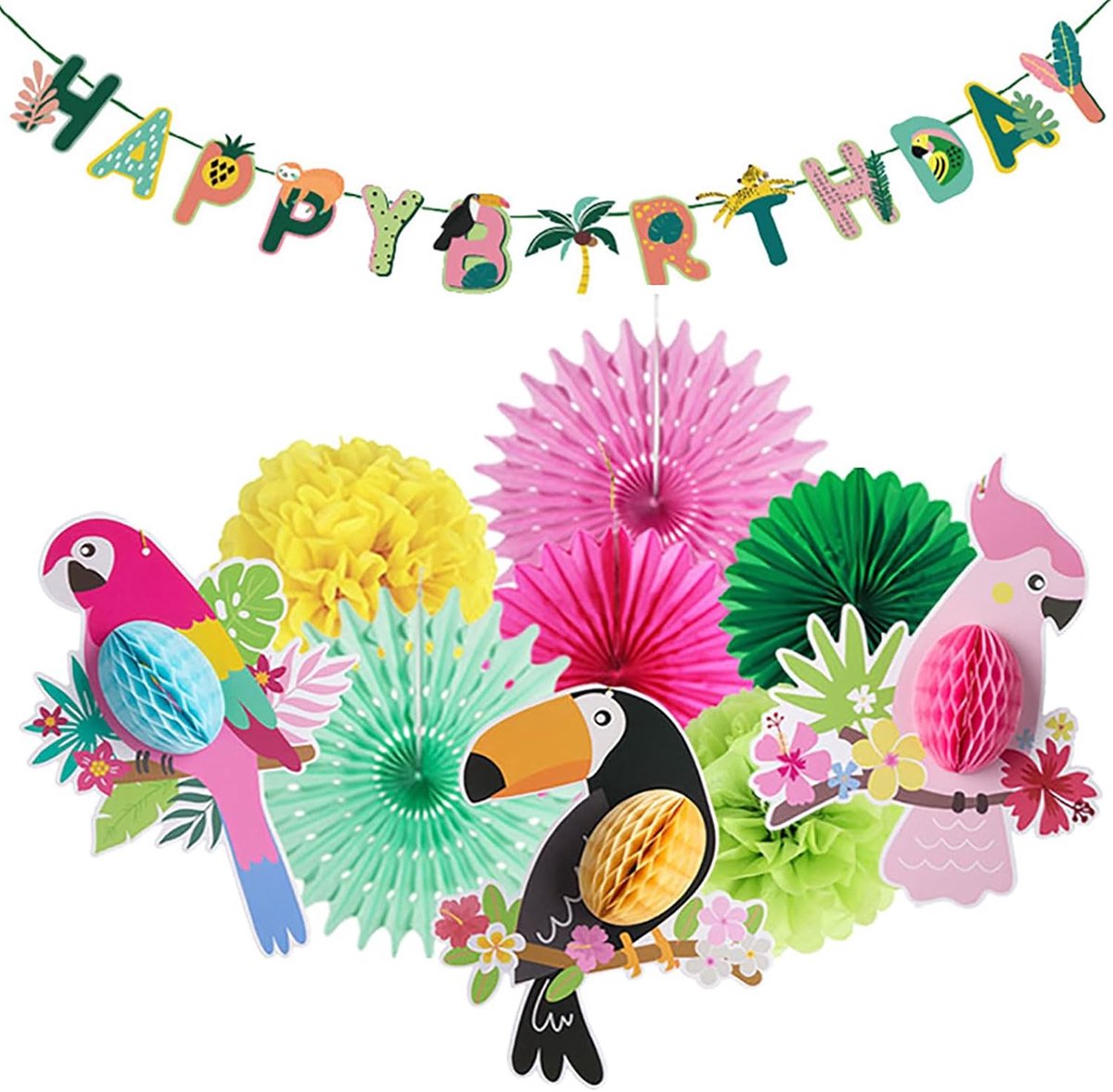 SnelShoppen - 10-delige Hawaii Decoratieset - Tropische Vogels, Bloembollen & Zomer Vlaggen - Perfect voor Luau Feest, BBQ, Tuin en Tropische Tuinfees