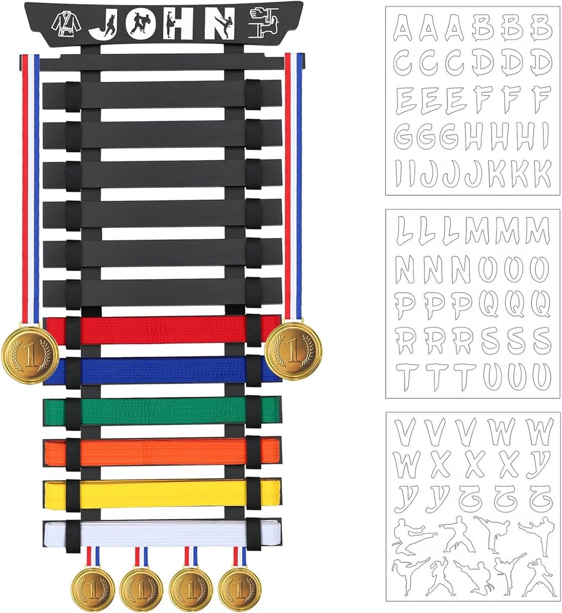 SnelShoppen - Karate Gordel Display Rek, Martial Arts Gordelhouder met Stickers, Taekwondo Gordel Organizer voor Kinderen en Volwassenen, Zwart, 12 St