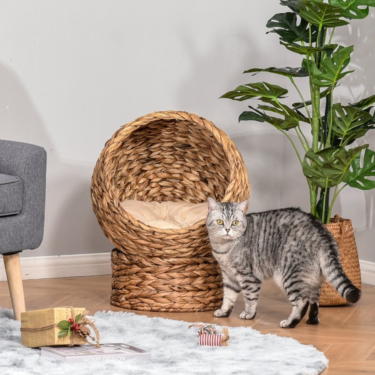 DESMIU Kattenmand – Verhoogd Design Met Kussen – 50 x 42 x 60 cm – Waterhyacint – Lichtbruin – Geborgen Slaapplaats Voor Katten
