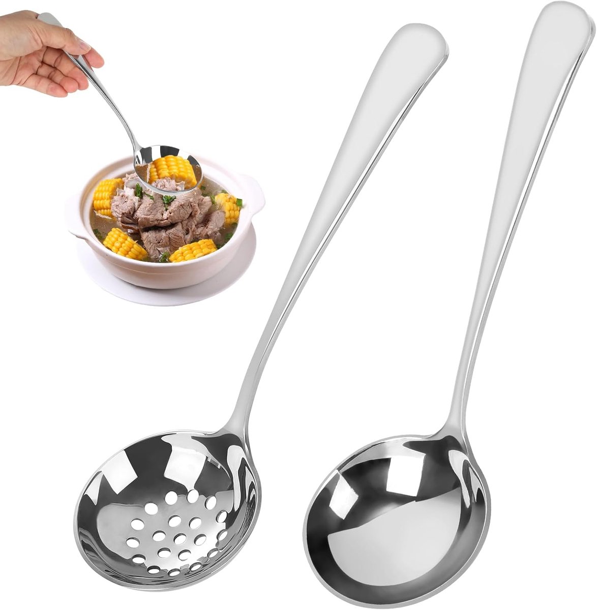 SnelShoppen - 2-delige RVS Soeplepel en Geleide Lepel Set, 20cm, Gepolijst, Slotted Spoon voor Koken, Roestvrij Staal, Vaatwasserbestendig, Keuken Acc