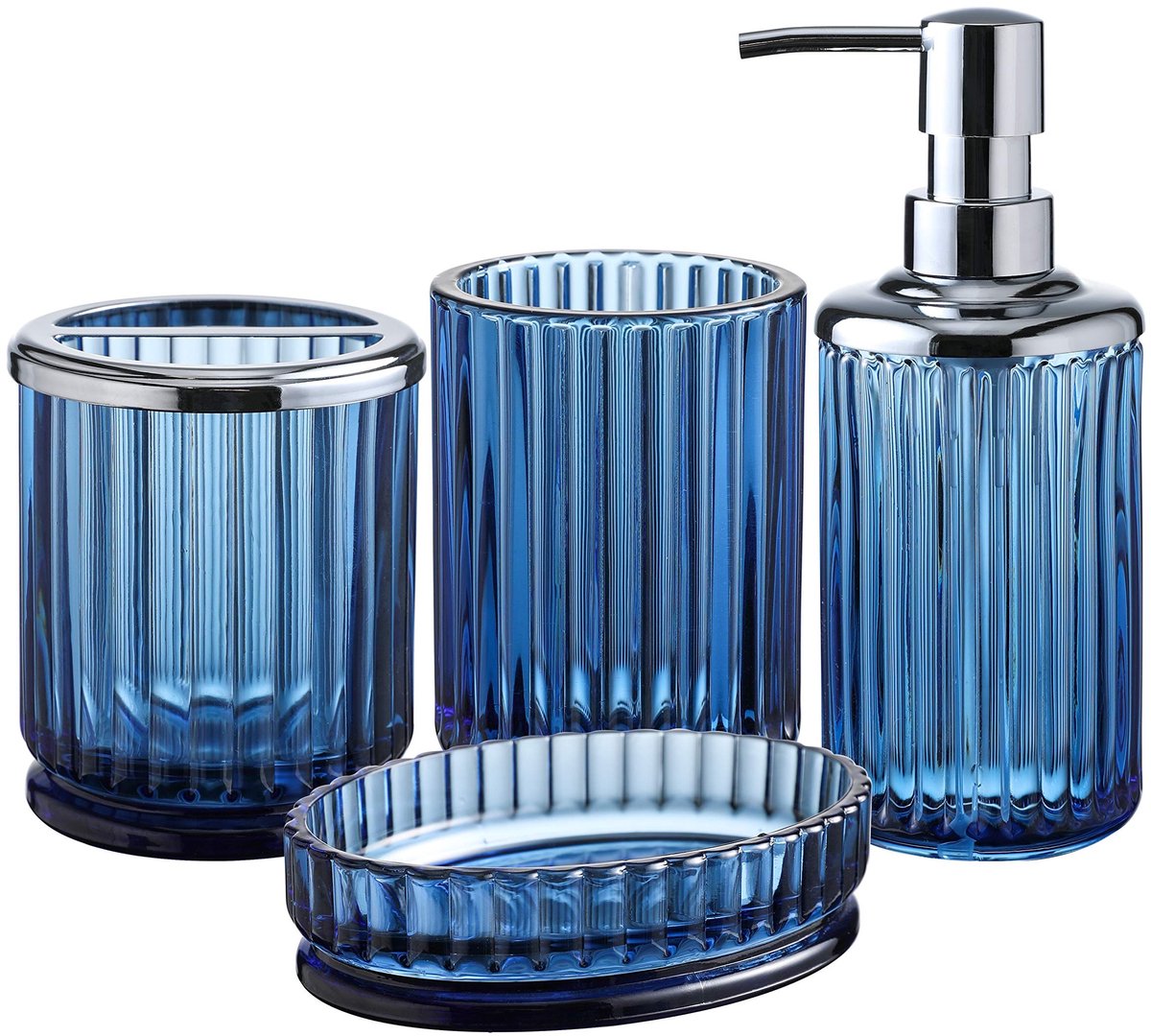 Omgoods - 4-delige Blauw Glazen Badkamer Accessoire Set