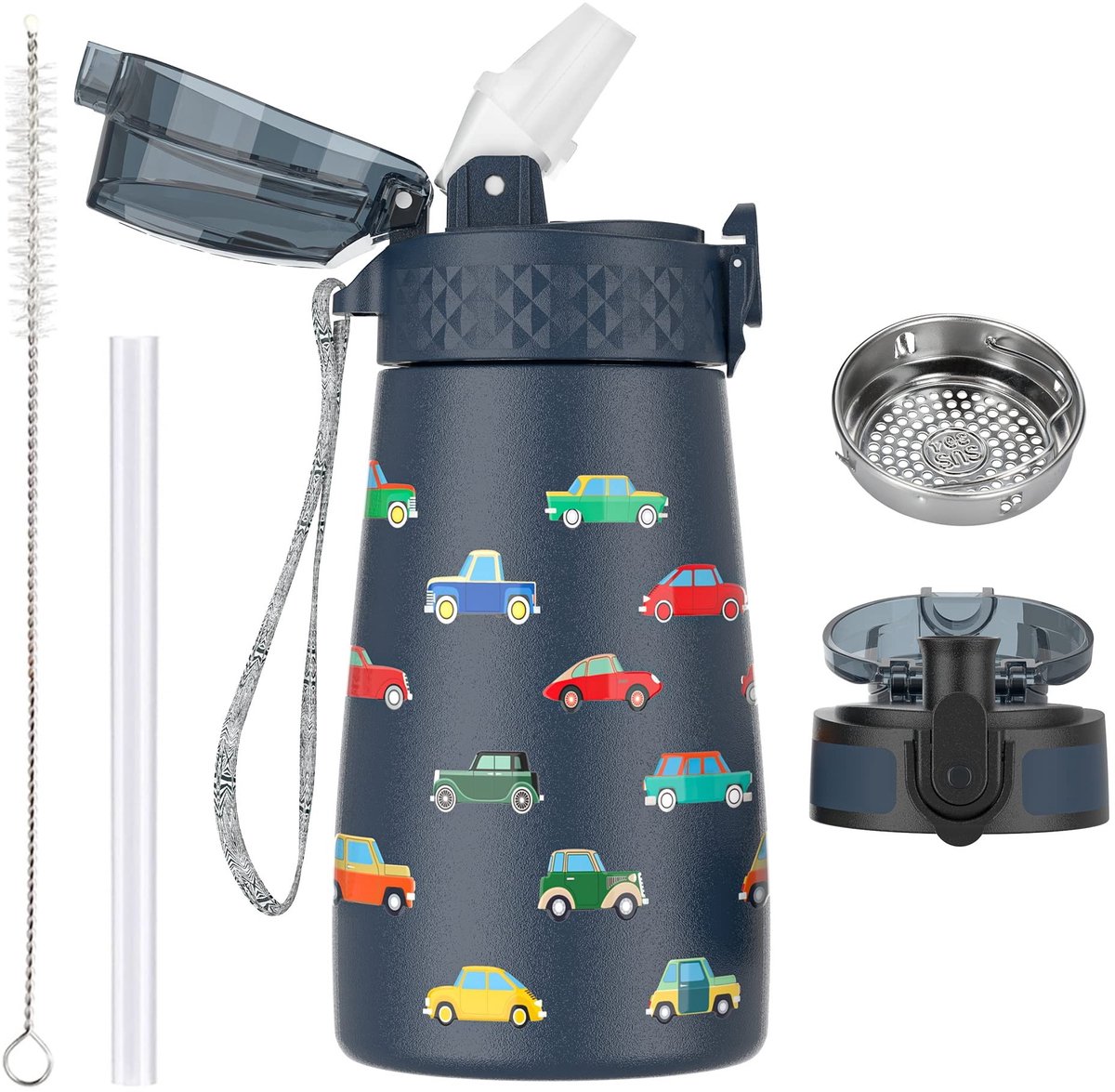 Omgoods - Kinderen Waterfles 350ml met Rietje en 2 Verschillende Deksels