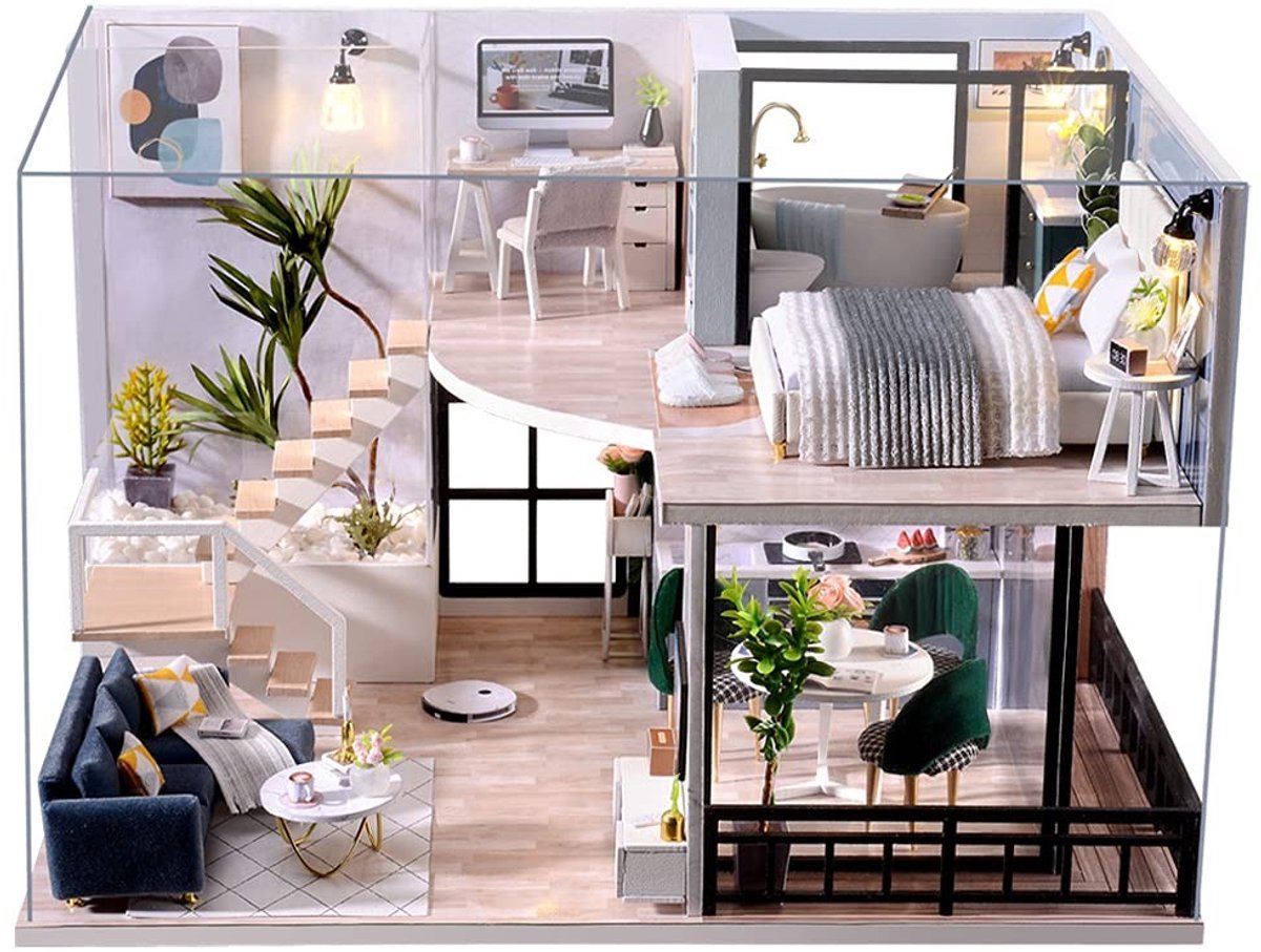 Omgoods - DIY Houten Poppenhuis Kit met Muziekdoos en Stofafdekking