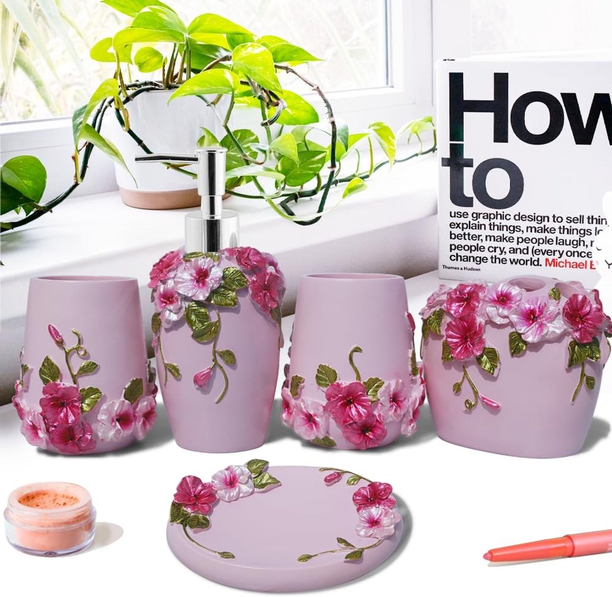 Omgoods - 5-delige Badkameraccessoireset met Roze Bloemenpatroon