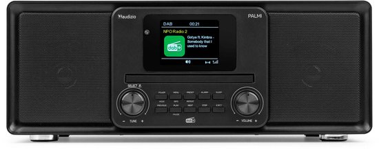 Zwarte Audizio Palmi radio met DAB+, CD en Bluetooth. Toont "NPO Radio 2" op het scherm.