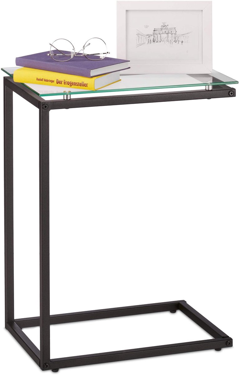 Omgoods - U-vormige Bijzettafel met Glazen Blad en Metaal, 61 x 30 x 45 cm, Zwart