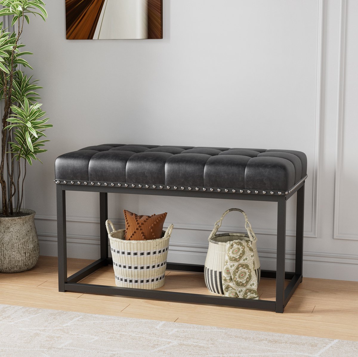 REDOM - Hocker - Vintage - Gestoffeerde zitting met knopen - Industrieel metalen frame - Voor binnen - Kunstleer - Zwart - 90 x 46 x 52 cm