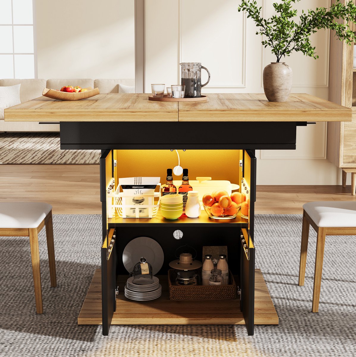DESMIU Eettafel - Uitschuifbaar Met Opbergruimte En Ledverlichting - Voor Keuken En Eethoek - MDF En Metaal - 110-140x80x76 Cm - Zwart