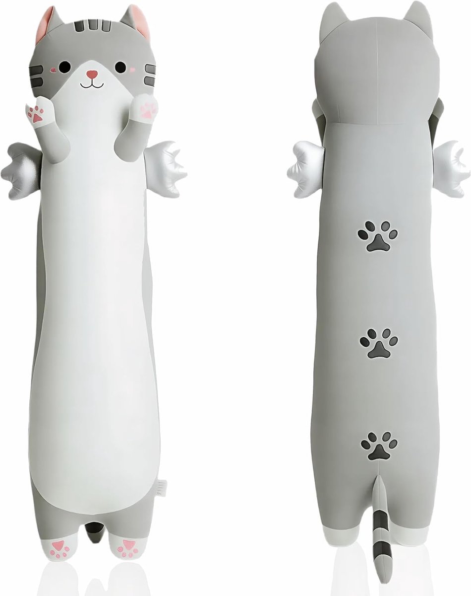 Knuffeldieren, kattenkussen, lang, XXL vleugelkatten, knuffeldieren, zachte kat, Kawaii groot pluche dier, kinderen en volwassenen (grijs, 60 cm)