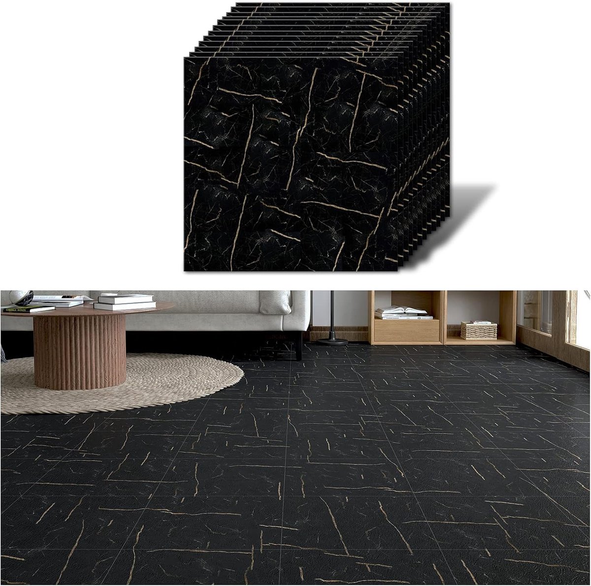 Zelfklevende PVC-Vloertegels met Marmer Look - Zwarte Vinylvloer voor Keuken, Badkamer, Garage en Slaapkamer - 1,5 mm, 30 cm x 30 cm, 12 Stuks