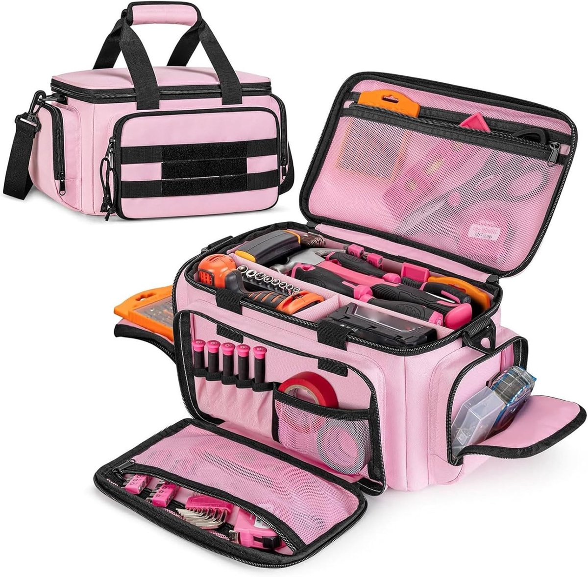 SnelShoppen - Gereedschapstas 14 Inch, Lichtgewicht Waterdichte Nylon met Grote Capaciteit en Verdikte Bodem voor Reparatiegereedschap - Roze
