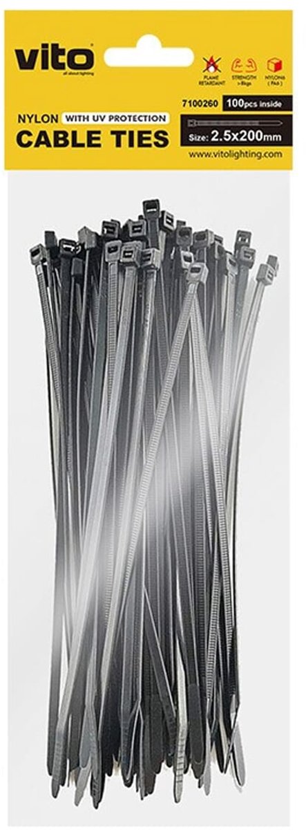 VITO Kabelbinders 2.5x200mm - Zwart - Met UV-bescherming - Kunststof Kabelklemmen - 100 stuks in blister verpakking - Voor buitengebruik