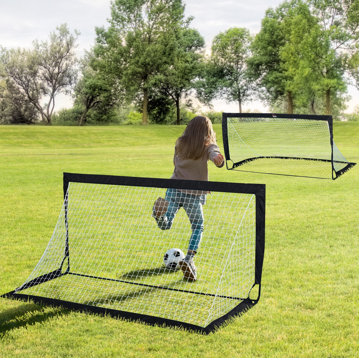 COVREO Voetbaldoel 186x90x89 cm zwart, staal en PE, set van 2