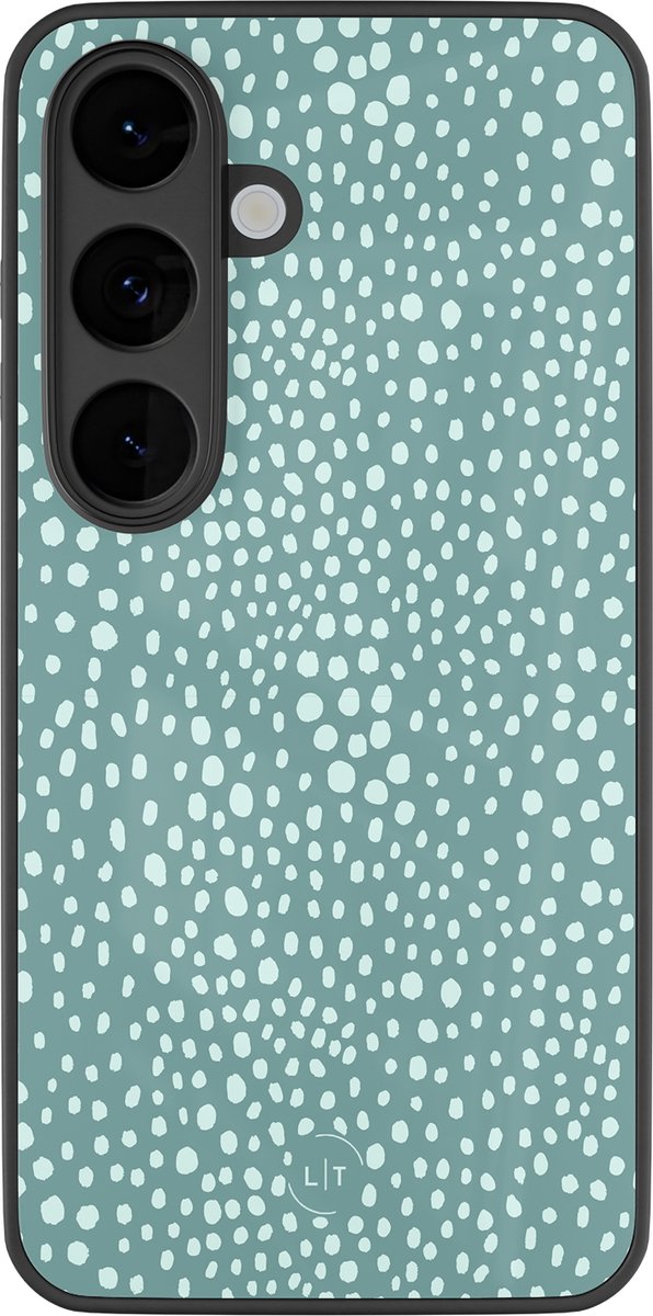 Hoesje geschikt voor Samsung Galaxy S26 - Blue dots - Luxe Glazen Hardcase - Gestipt - Blauw