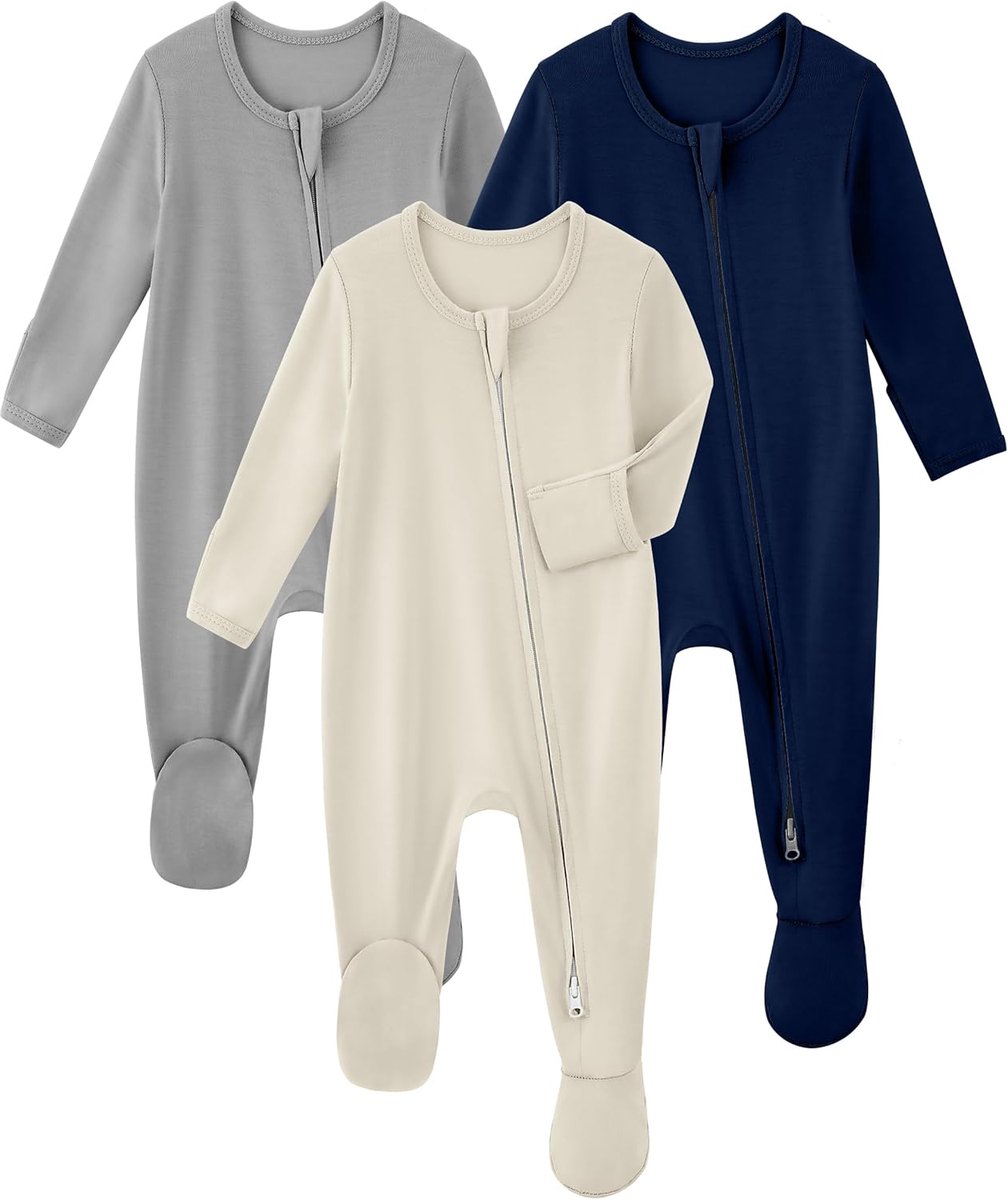 Babypyjama voor jongens en meisjes (6-9 maanden), viscose bamboe pak van 3 babypyjama's met wanten, grijs abrikoos, diepblauw