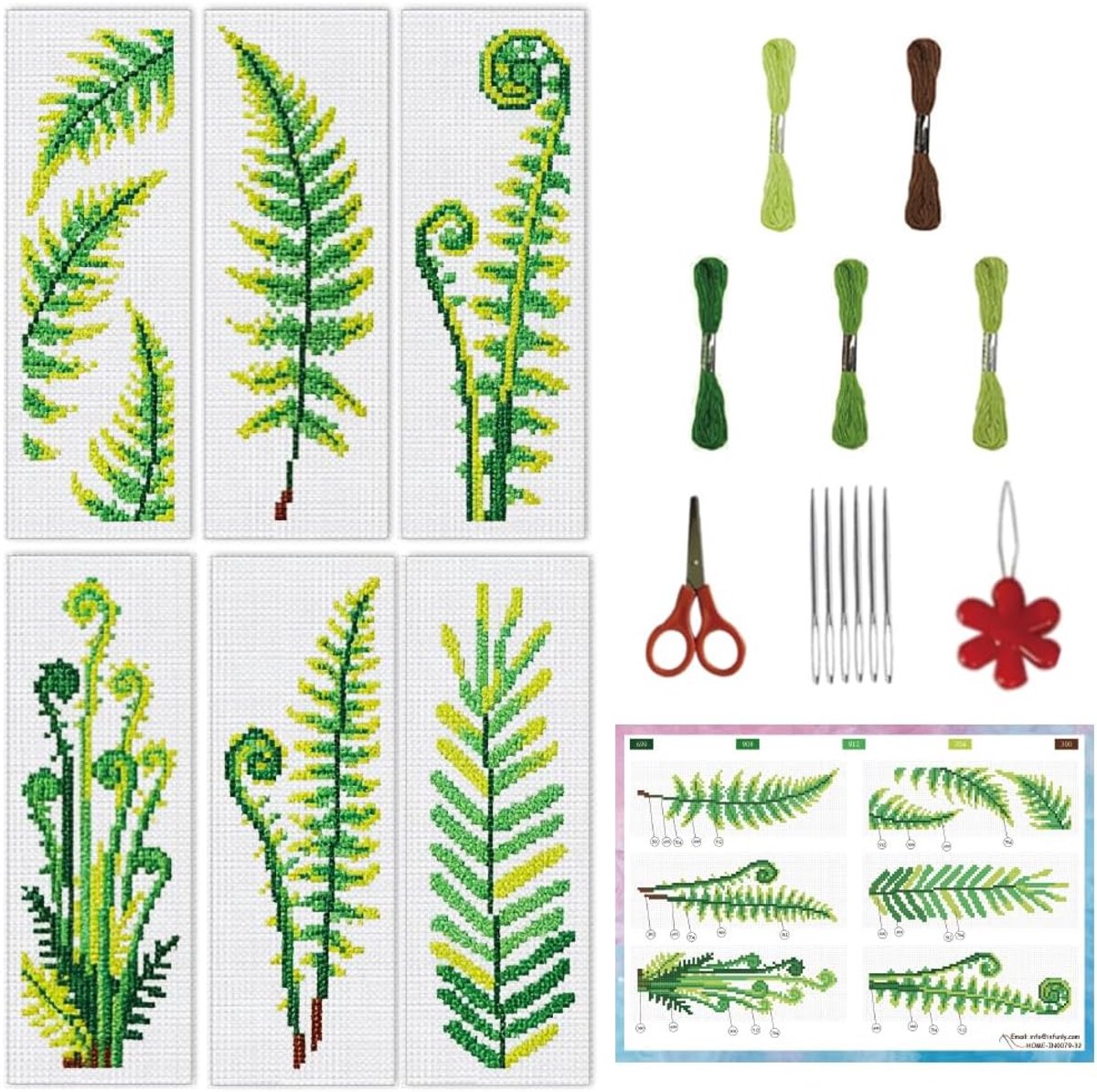 6 stuks varen kruissteek bladwijzer kit groene bladeren DIY kruissteek kits 20 cm x 6 cm voorbedrukt plant gestempeld borduurwerk bladwijzer kit met instructie voor beginners volwassenen boek