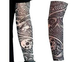 2 x tattoo-armwarmers nep-nylon elastische kous volledige arm doodshoofden Halloween rekbaar voor volwassenen om aan te trekken biker gothic rozen tribal kostuum, L