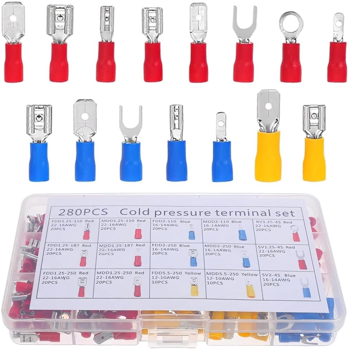 set van 280 stuks, 0,5-6 mm², diameter M4/M5/M6/M8, vertind koper, kabelconnectoren voor garage, auto-onderdelen, elektrische terminals