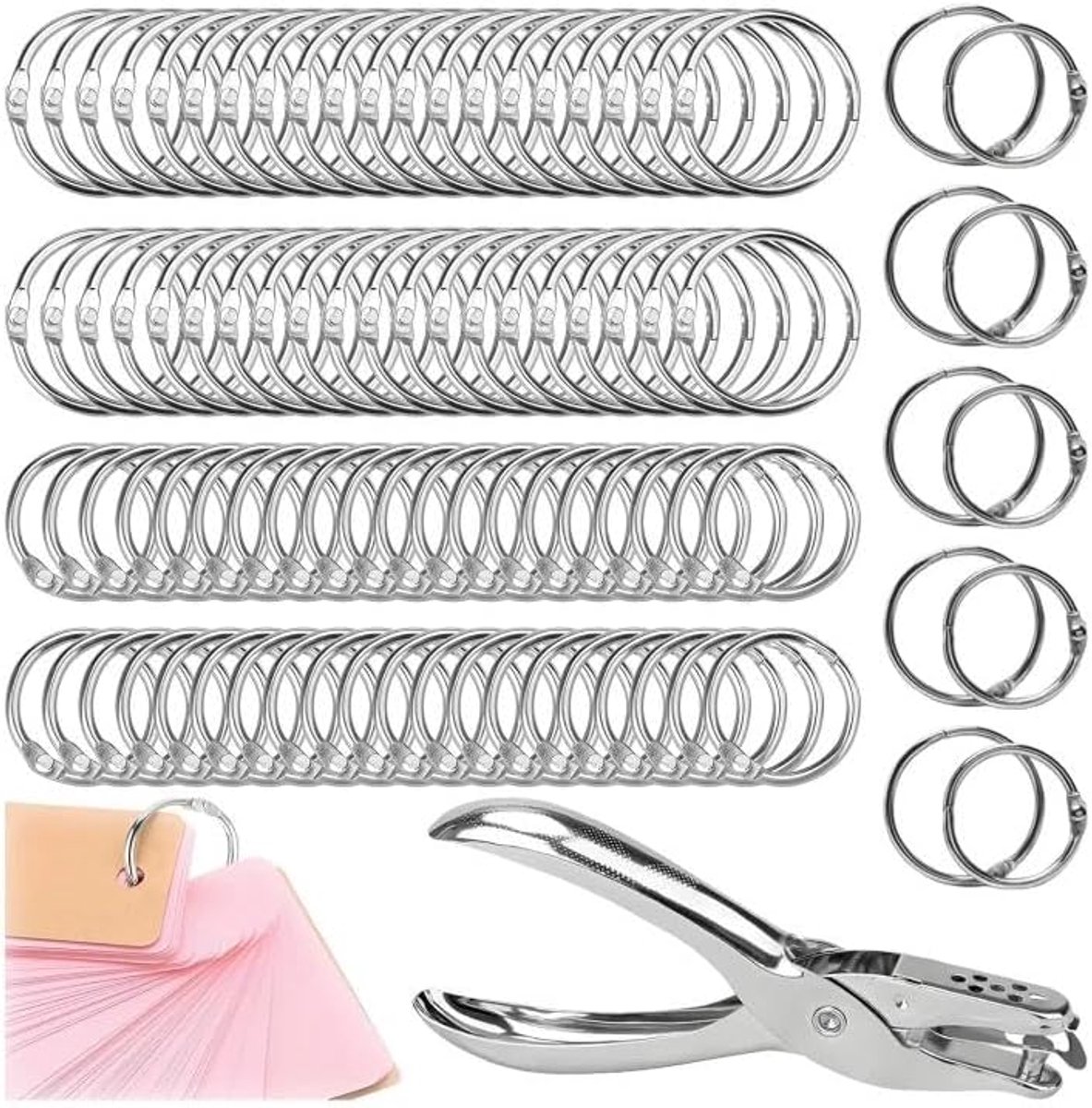 100 stuks boekringen met gatentang, 25 mm/30 mm ringringen, metalen boekringen, indexkaarten, ringen, bindringen, voor scrapbook, album, notitieboek, indexkaarten, doe-het-zelf boek binden
