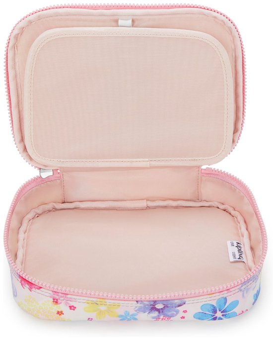 Geopend wit etui met bloemenprint, roze binnenzijde met twee compartimenten en penhouders.