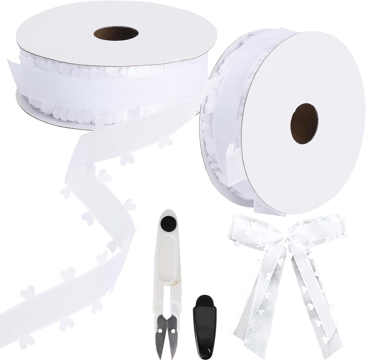 2 rollen wit lint met hartjes, 25 mm x 18 m, organza hartband voor geschenkverpakking, bruiloft, auto, tafeldecoratie, haarstrik, doe-het-zelf knutselen en decoratie