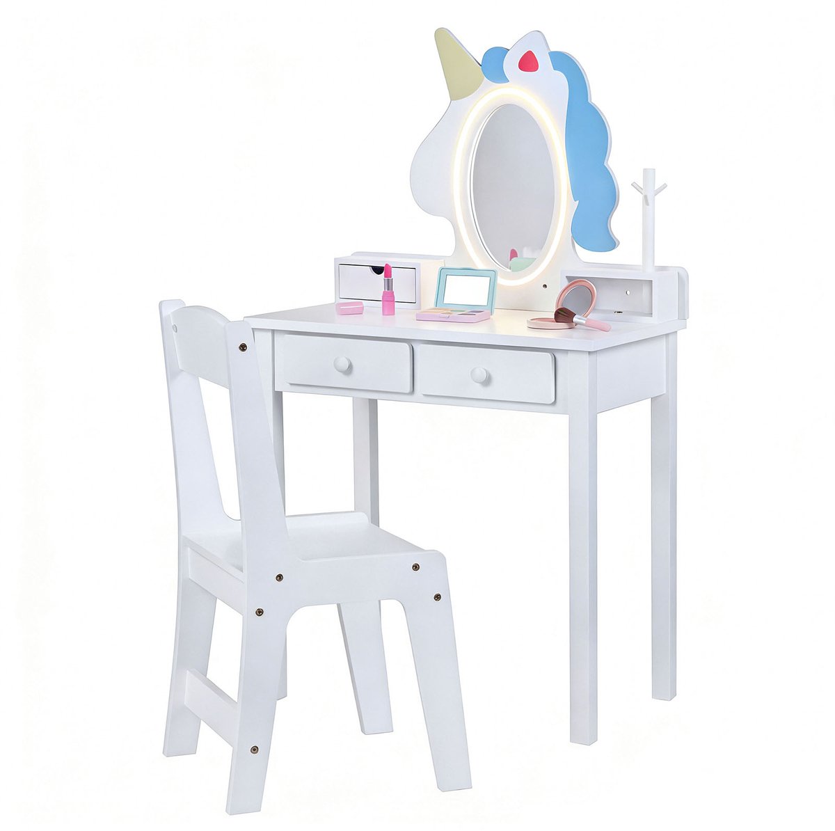 COSTWAY Kinderschminktafel Eenhoorn, 2 in 1 Kaptafel met Verlichting & 2 Lichtkleuren, Kinderschminktafel met Afneembare Spiegel, Sieradenhouder & Laden, Make-uptafel voor Meisjes (Wit)