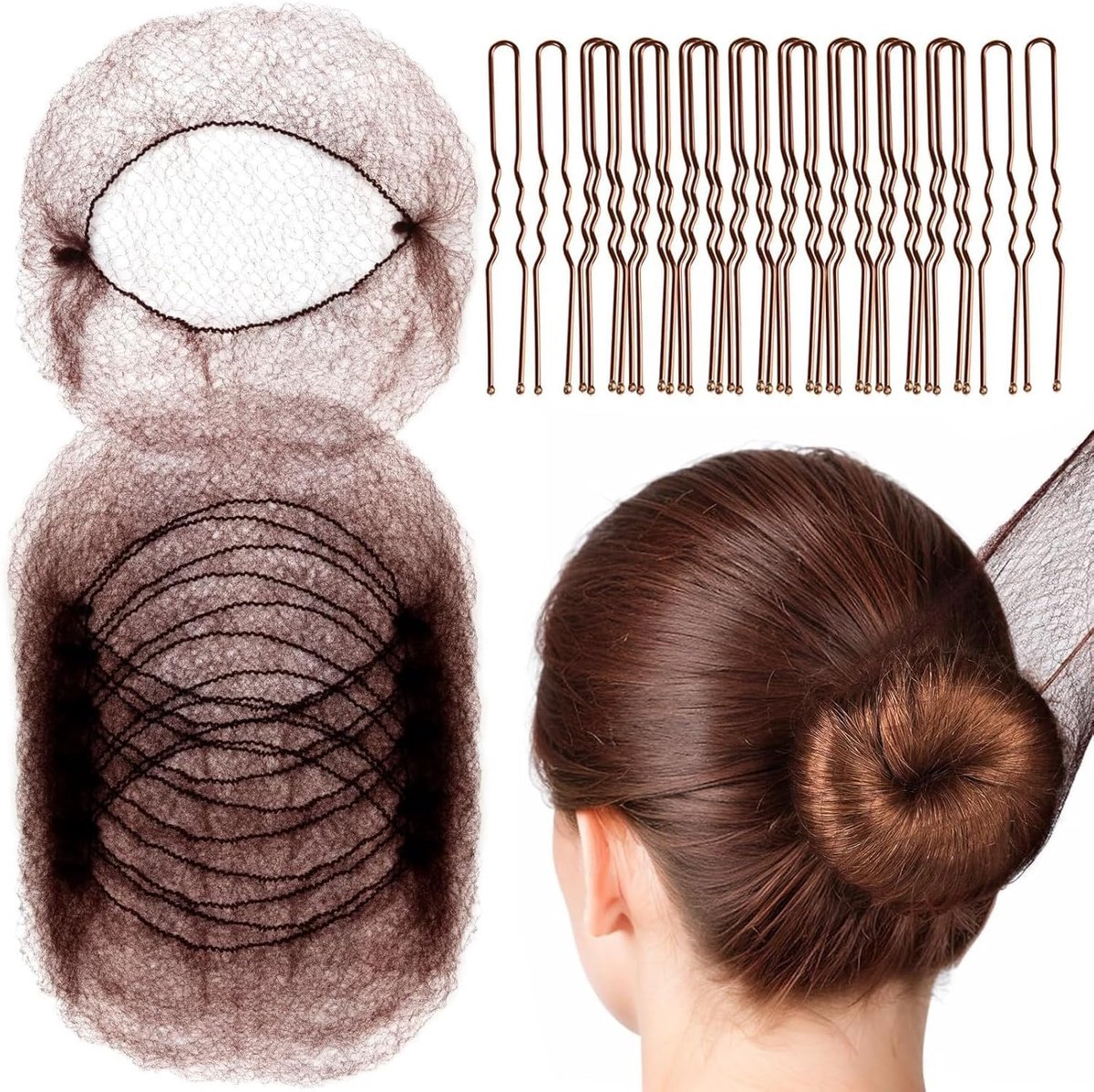 SnelShoppen - Haarnet set 100 stuks - Onzichtbare haarnetjes en U-vormige haarspelden - Elastisch nylon knot haarnet - Dunne mesh haaraccessoires voor