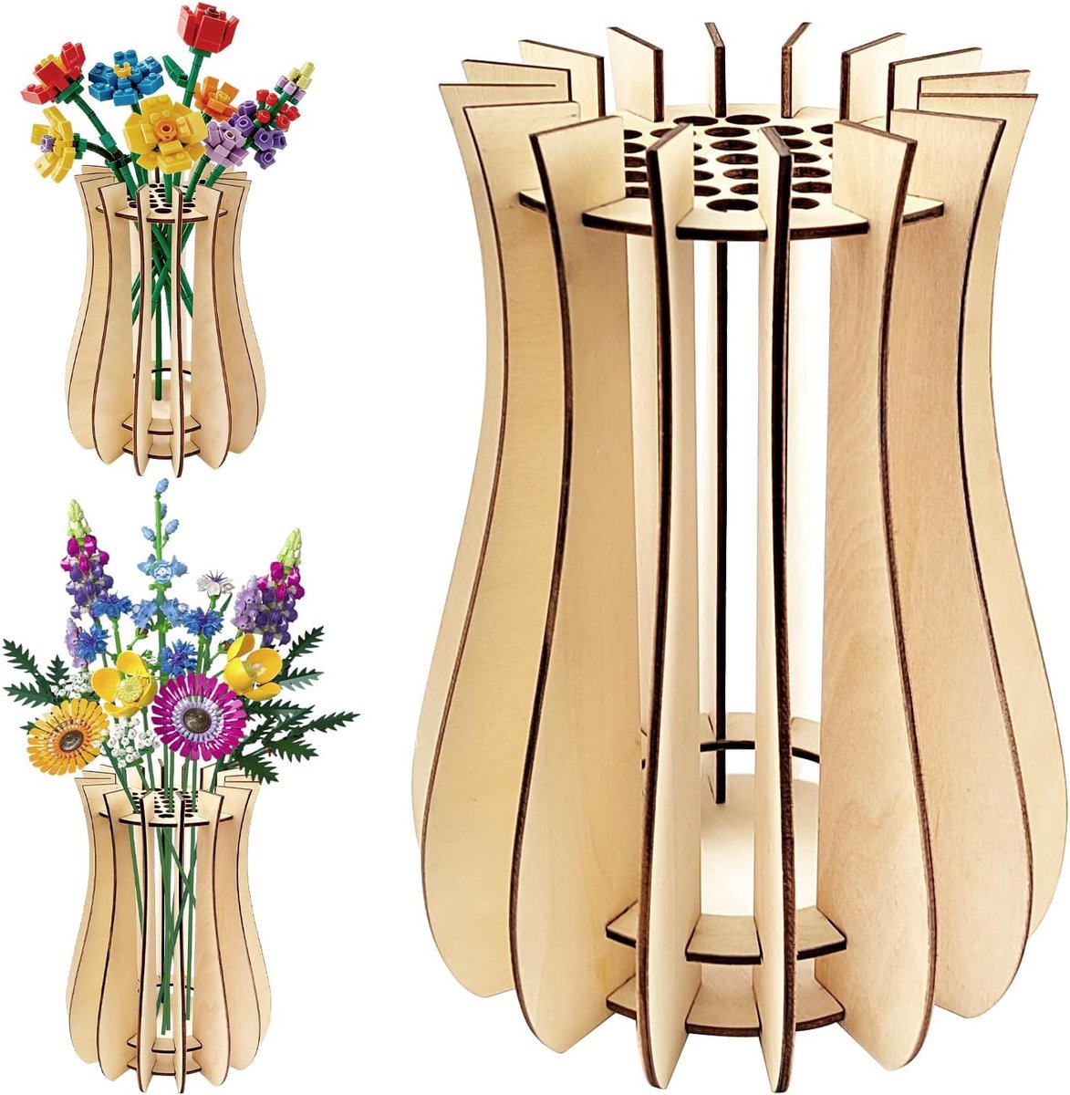 Houten puzzel vaas grote capaciteit - Voor 33 boeketten - Eenvoudige montage - Perfect voor rozen en tulpen - ShopVlot