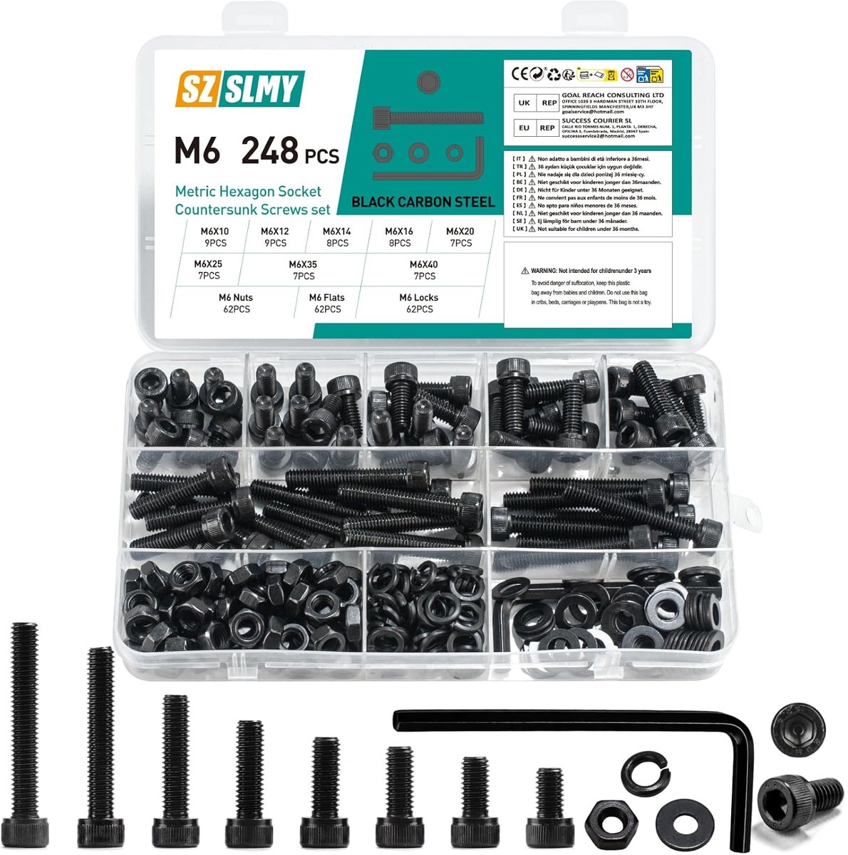 M6 schroefset 248 stuks - hexagonschroeven met moeren en ringen - duurzame carbonstaal - geschikt voor diverse klussen - ShopVlot