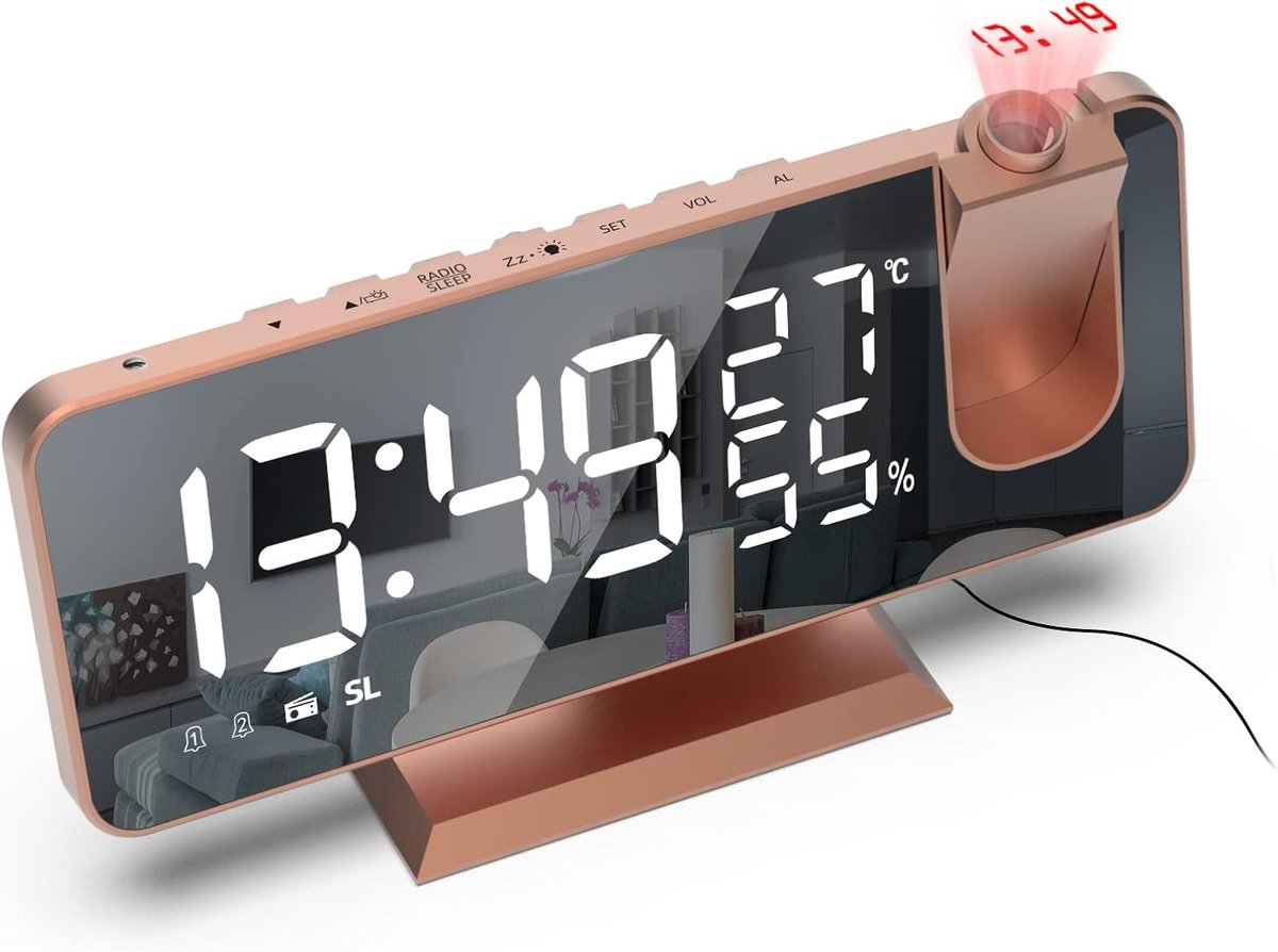 Wekker met projectie, radiowekker, digitale LED-display met USB, 7,5 inch spiegel-scherm, sluimerfunctie, dubbel alarm, FM-radio, 4 schermhelderheid, sluimerfunctie