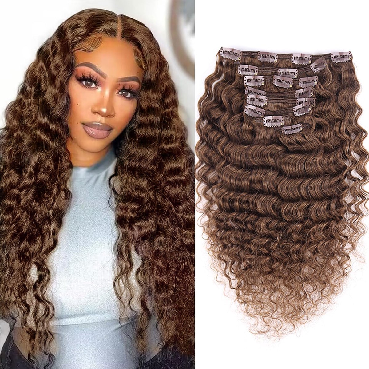 Curly Clip-in extensies, echt haar, 50 cm, 8 stuks, 120 g, donkerbruin, haarstukjes, echt haar, clip-in haarverlenging voor vrouwen