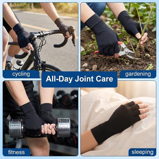 1 paar artrose handschoenen, artritis-handschoenen, reuma handschoenen, handenhouder, compressiehandschoenen voor dames, van kopervezel, zwart, uniseks, gewrichtsbelasting, halve — afbeelding 4