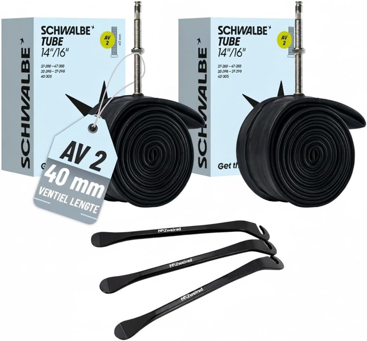 Fiets binnenbanden 14/16 inch - Set van 2 met AV ventiel - Inclusief 3 metalen bandenheffers - Makkelijk te monteren - SnelShoppen