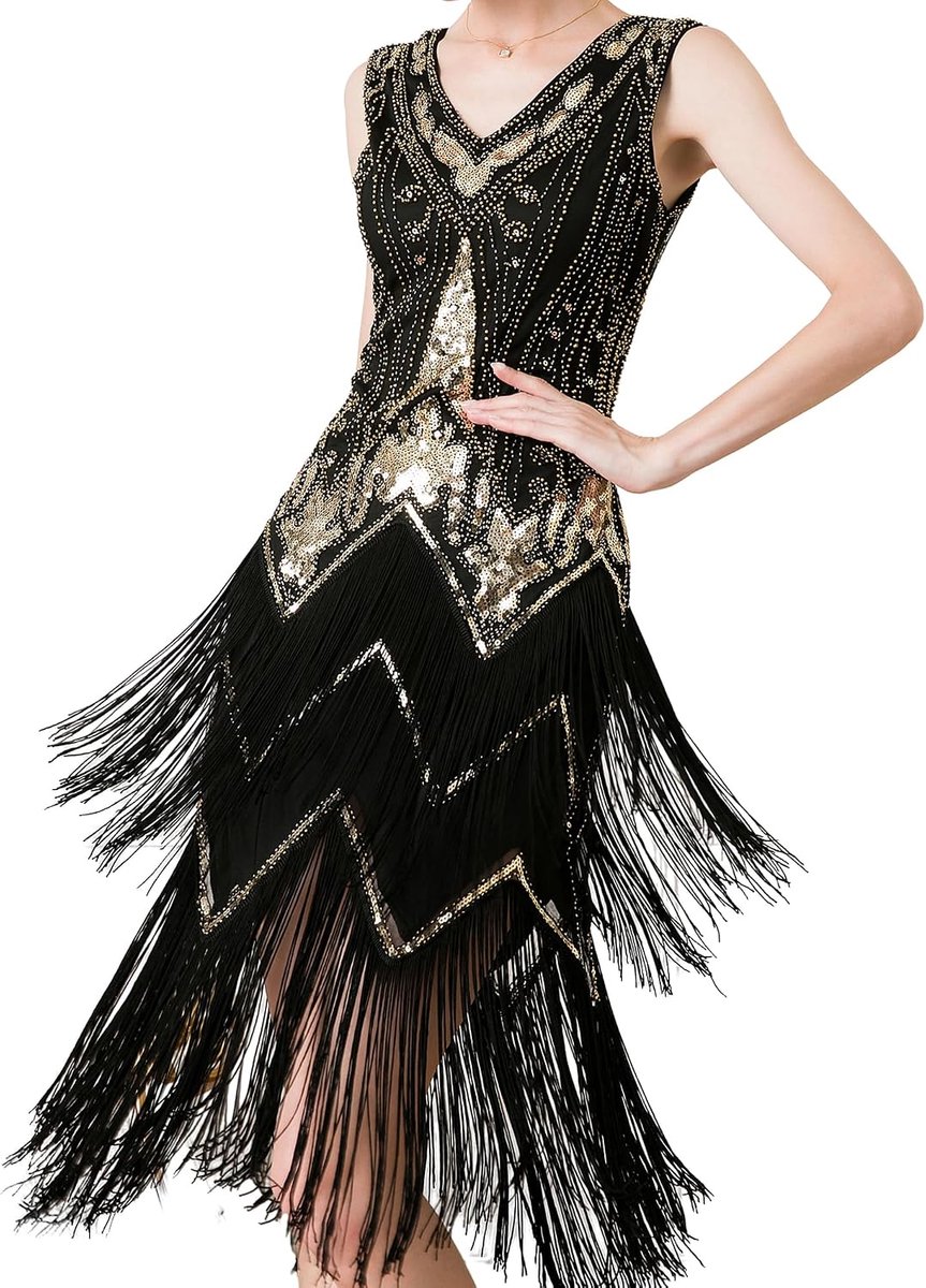 Jaren 20-jurk, paillettenjurk, franjesjurk, V-hals, glitterjurk voor dames, jaren 20, Gatsby, Charleston flapper, feestjurk, kostuum