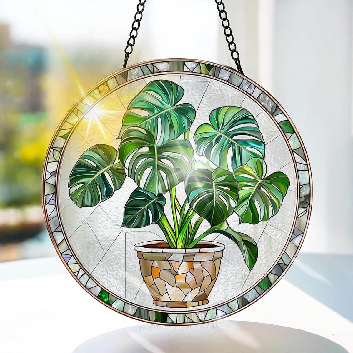 Plant Gekleurd Glas Hangend - Pothos Hangende Raamdecoratie - voor Tuin, Raam en Deur, Kerst, Handgemaakte Suncatcher Decoratie 20x20 cm