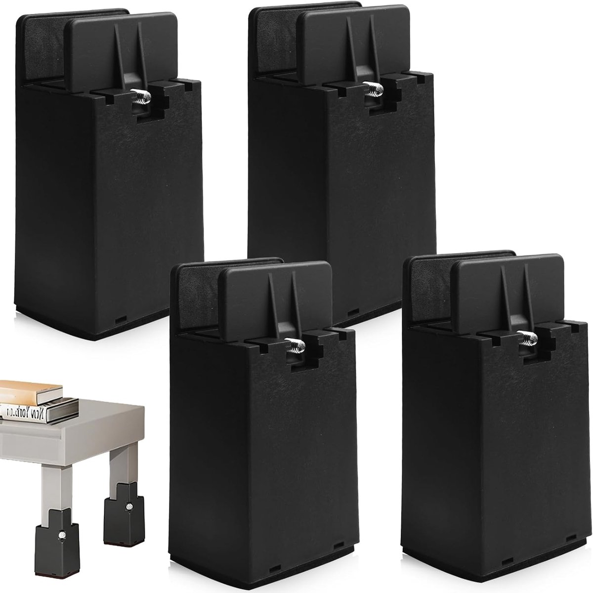 4 stuks, 10 cm, verstelbare bedverhoging met schroefklem, tafelverhoging, voor zware belasting, tafelverhogers, bedverhogingen voor 10-37 mm breed, vierkant, zwart