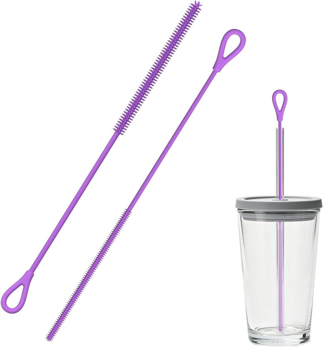 Rietjesborstel Set - 2 Stuks Herbruikbare Rietjes Reiniger met Anti-slip Handvat - Zachte Flexibele Dunne Flessenborstel - Food-Grade Siliconen (Paars)