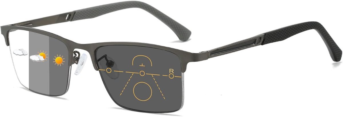 Zelfkleurende bril met half montuur, voor heren en dames, blauwlichtfilter, metaal, rechthoekig, fotochroom, progressief, multifocale glijdende leesbril met grijze zelfkleurende lens