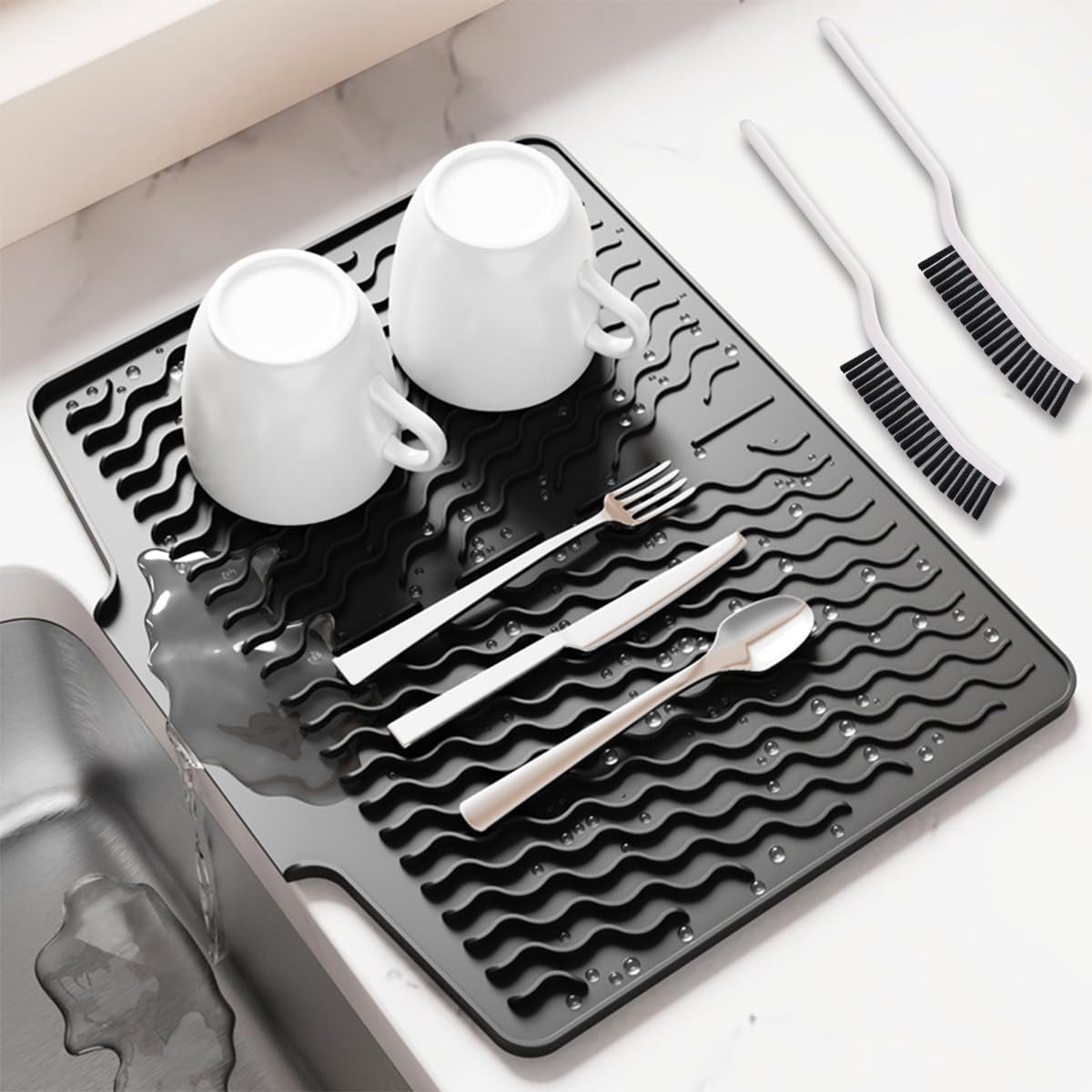 Afdruipmat servies siliconen afdruipmat gootsteen met 2 borstels | Antislip hittebestendige lekvrije afdruipmat met groefstructuur voor keukenwerkbladen, 40 x 33 cm