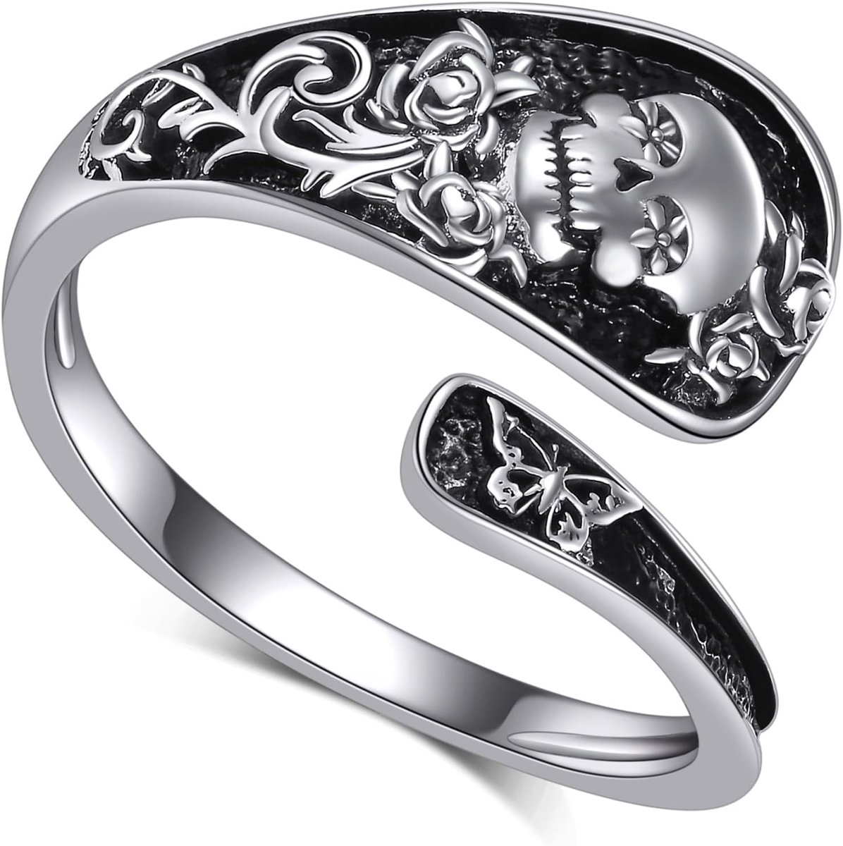Schedelring voor Vrouwen 925 Sterling Zilver Schedellepelringen Gothic Punk Ringen Vlinder Statementring Vintage Victoriaans Sieraden Cadeaus voor Vrouwen Echtgenote, Sterling zilver, Edelsteen