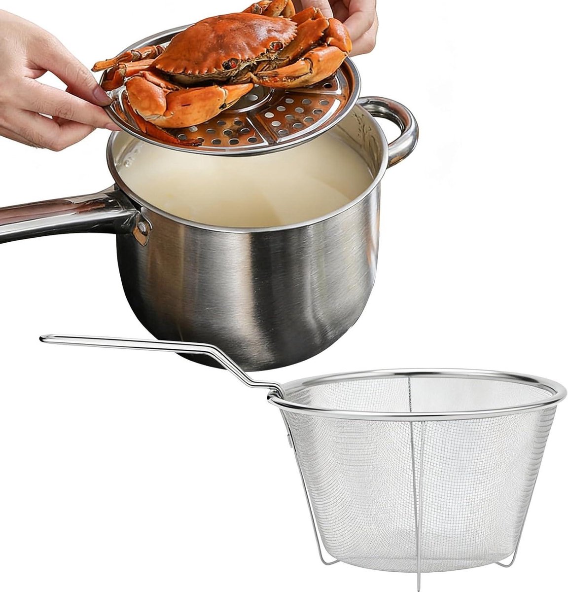 Frituurpan met Mand - Koekenpan Braadpan - Maaltijden Bereiden - Antiaanbaklaag Roestvrij Staal - 38 x 13 x 19.5 cm