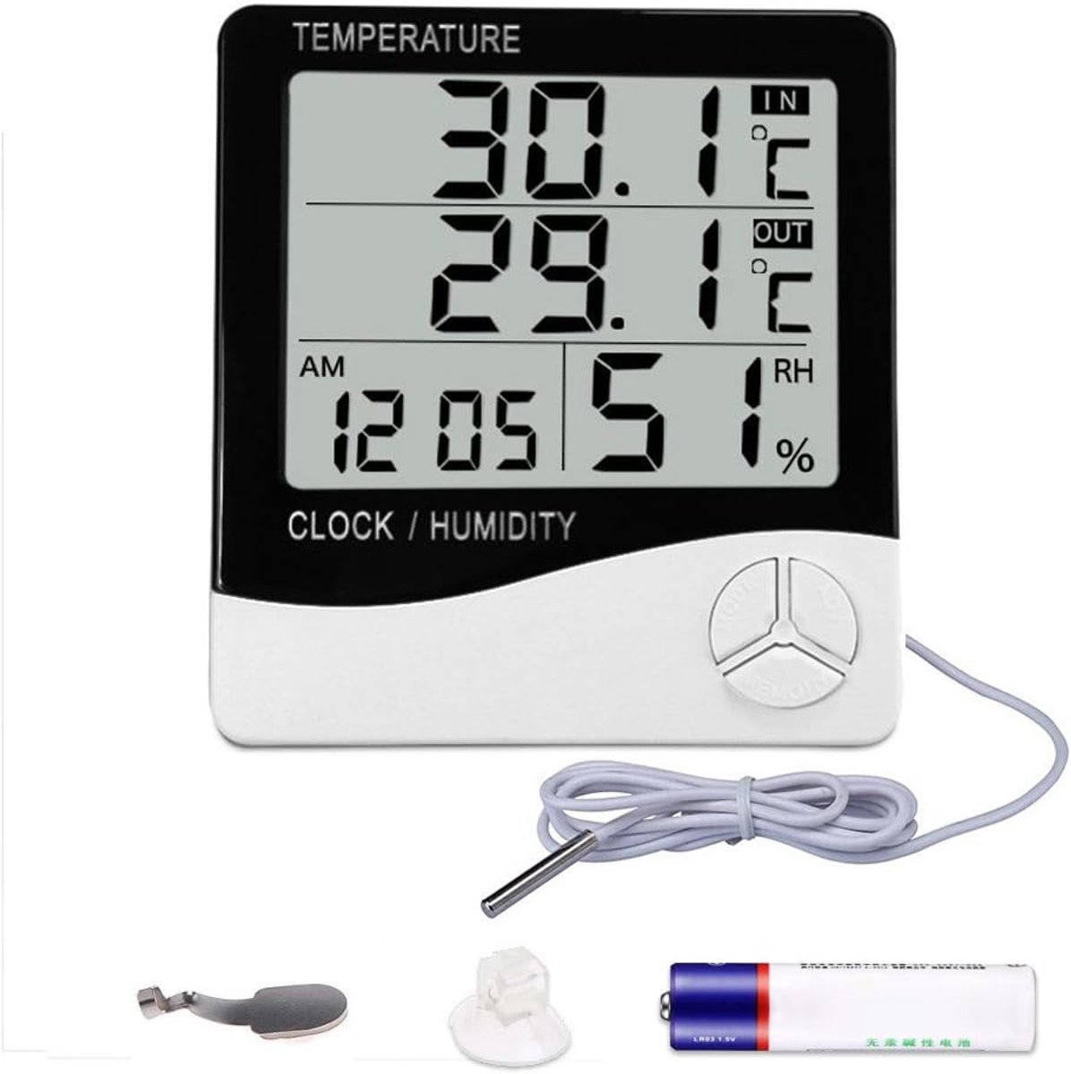 Digitale Hygrometer Thermometer, Binnen- En Buitentemperatuur-Vochtigheidsmeter, Temperatuur-Vochtigheidsmeter Voor Thuiskantoor, Lcd-Scherm, Inclusief Batterij