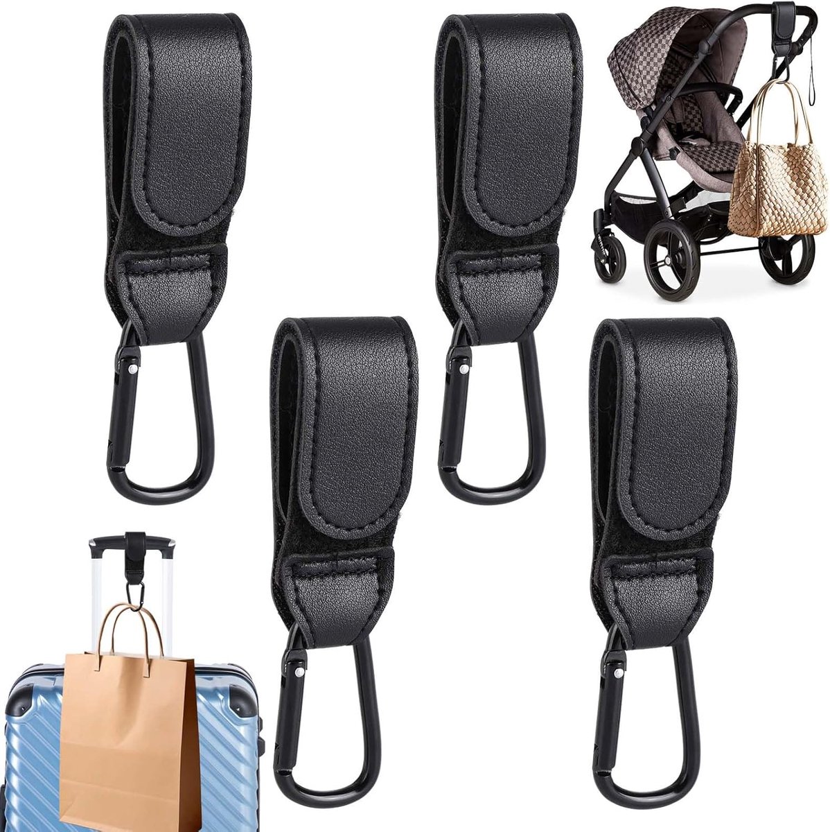 SnelShoppen - Set van 4 Universale Draaghaak voor Tassen, Carabiner Haak, Leren Kinderwagen Haken, Straps voor Kinderwagens en Koffers (Zwart)